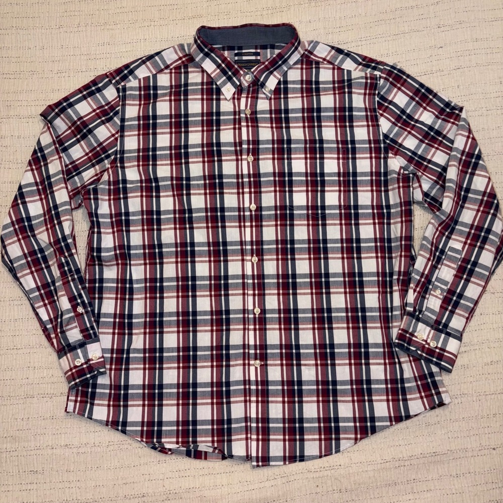 Mason James Mens XL Stretch Plaid Button Down Shirt Burgundy Navy Blue White